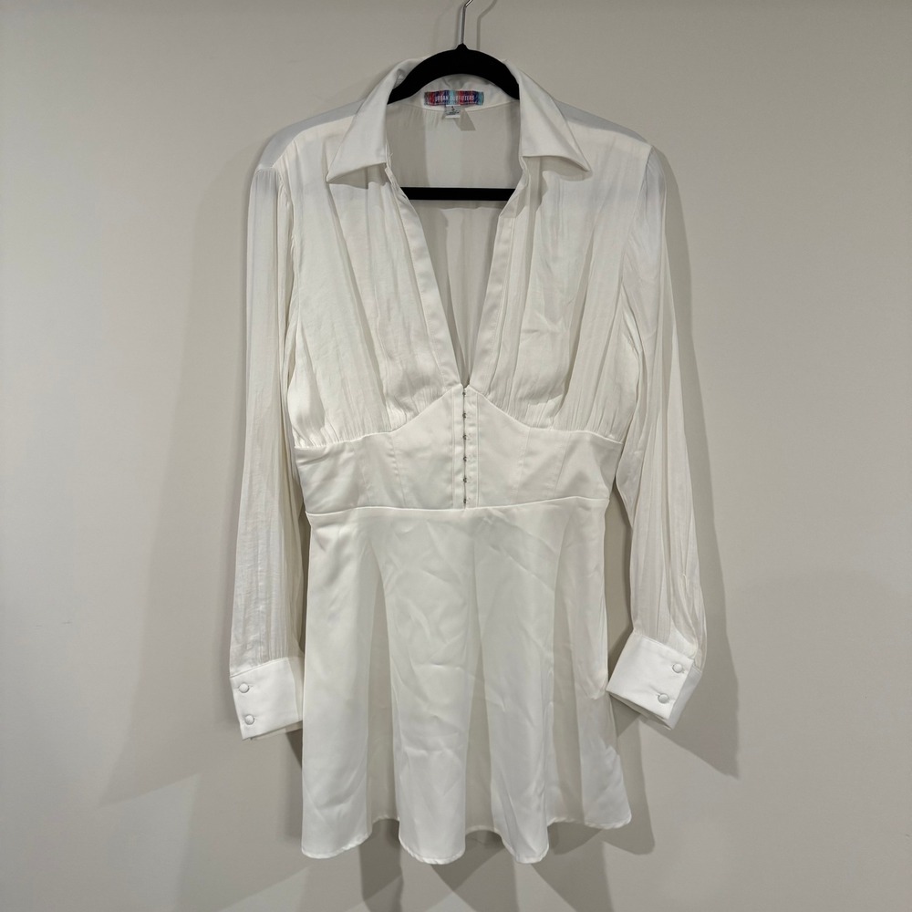 URBAN OUTFITTERS Phoebe Corseted White Mini Dress Deep V Neck Long‎ Sleeve L